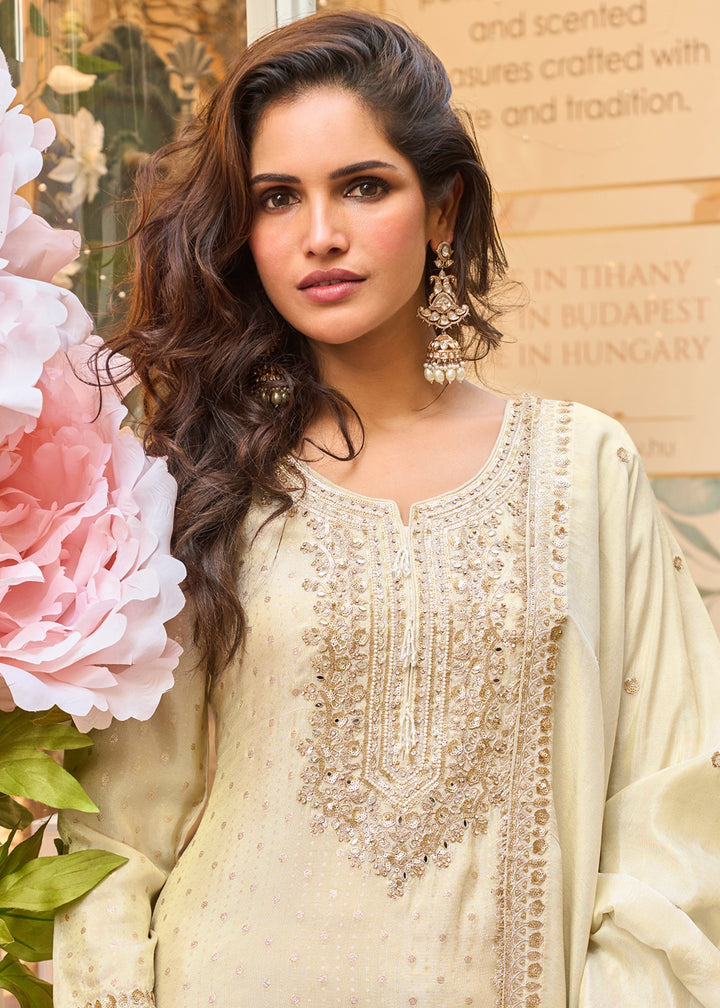 Ivory Viscose Simar Jacquard Silk Palazzo Suit