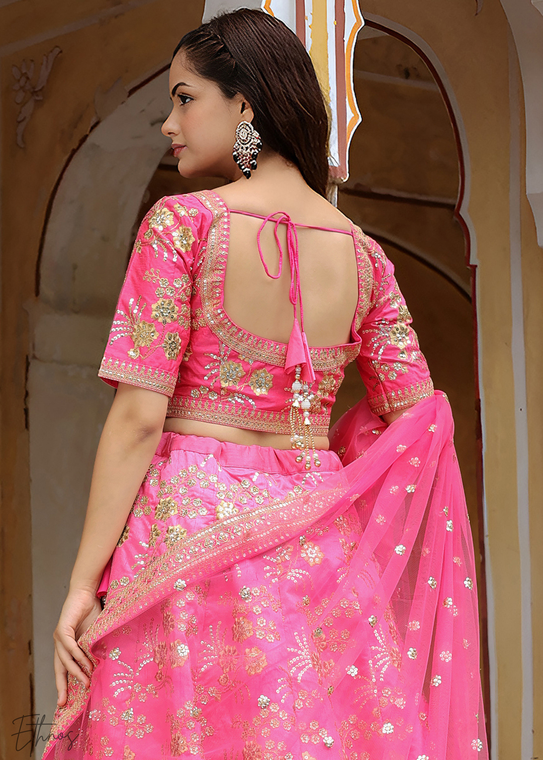 Neon Pink Slub Silk Lehenga With Dupatta