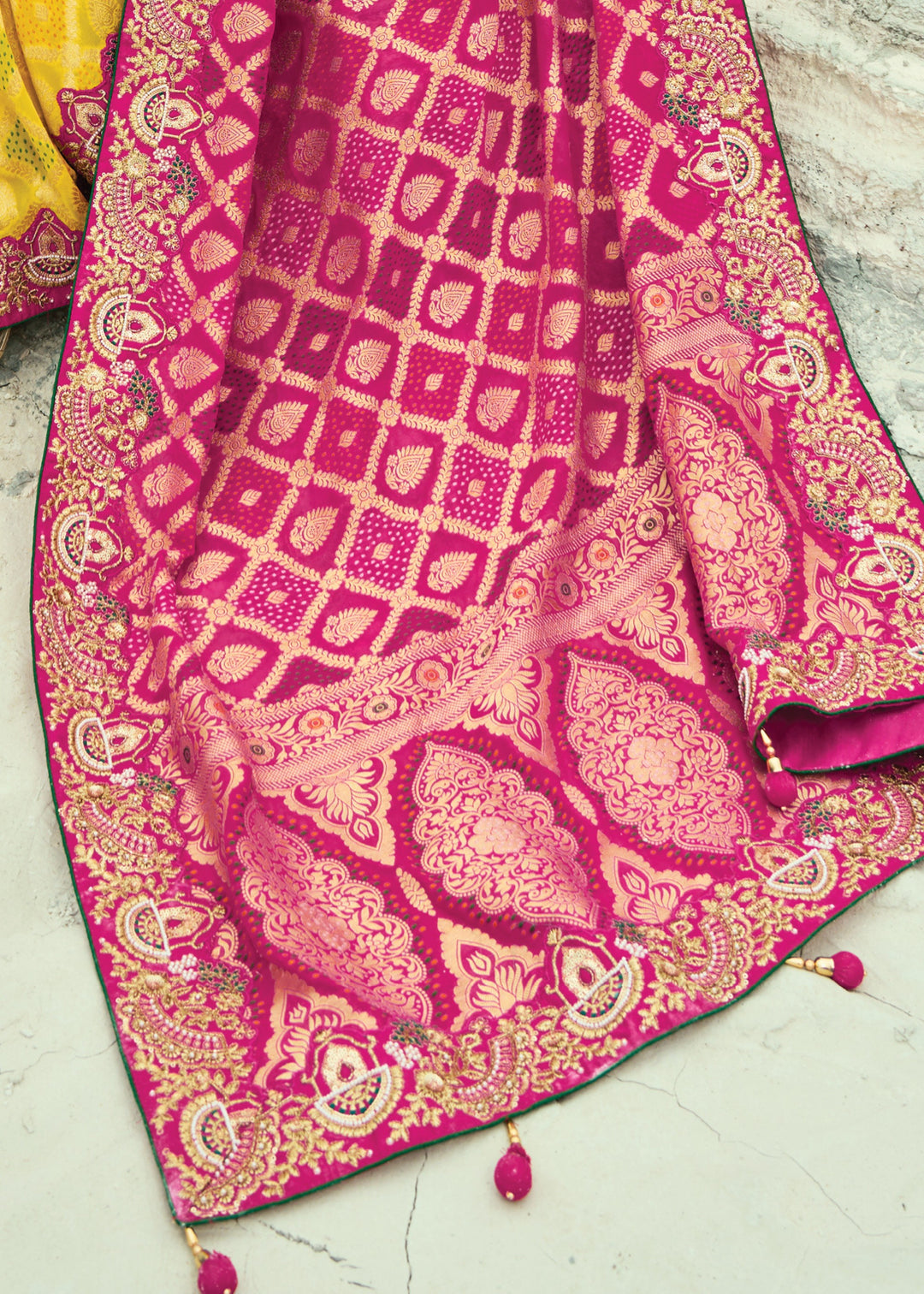 Soft Pink & Yellow Georgette Bandhej Saree With Moti & Cut-Dana Handwork Border