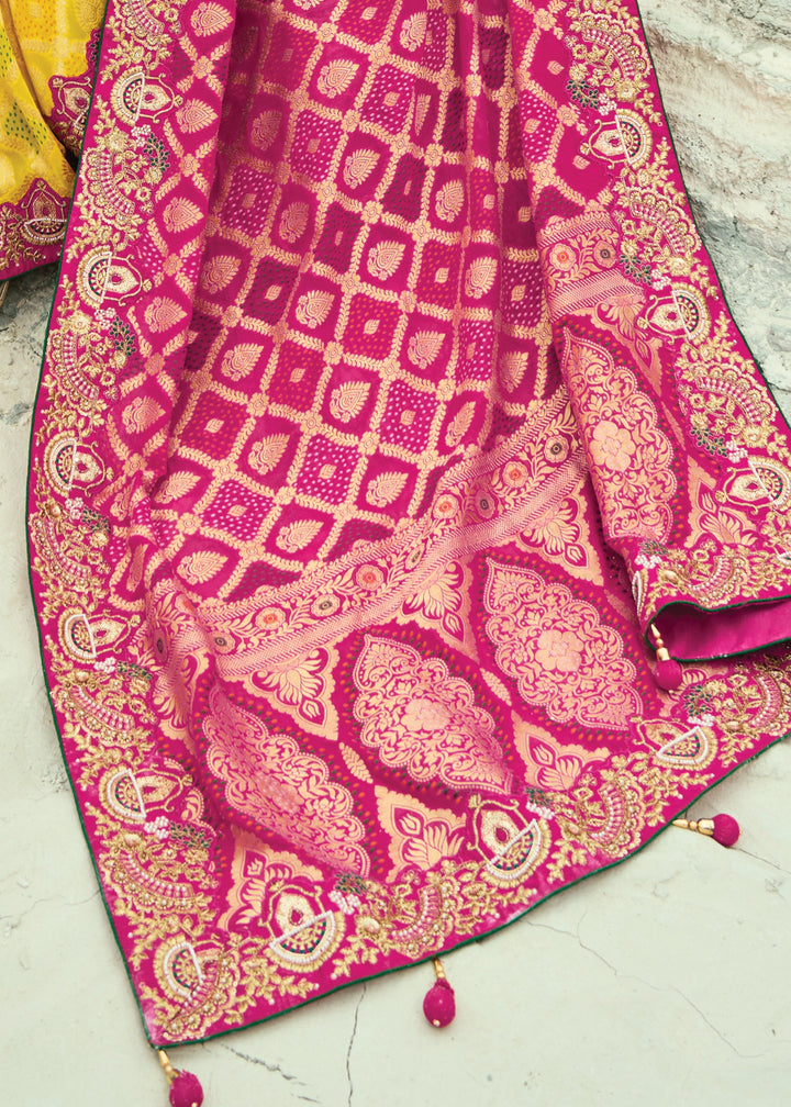 Soft Pink & Yellow Georgette Bandhej Saree With Moti & Cut-Dana Handwork Border
