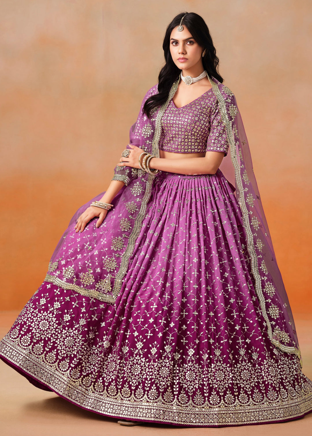 Rani Pink Sequins Zari Embroidered Work Georgette Lehenga