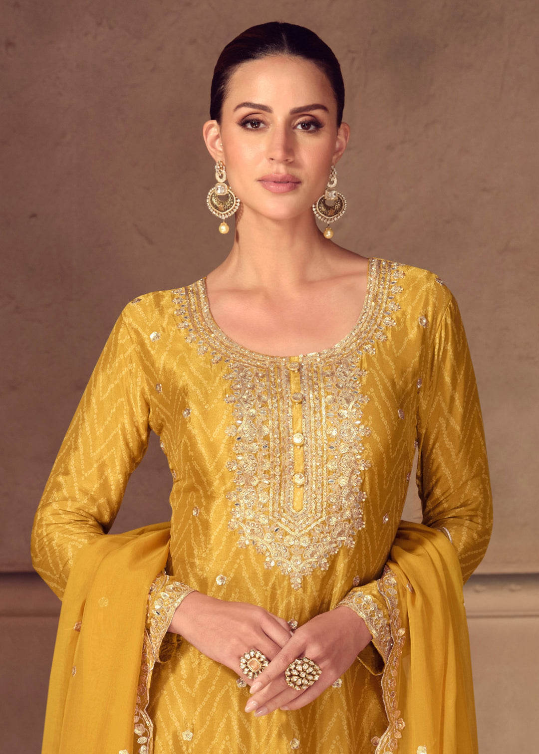Mustard Yellow Chinon Digital Print Salwar Suit