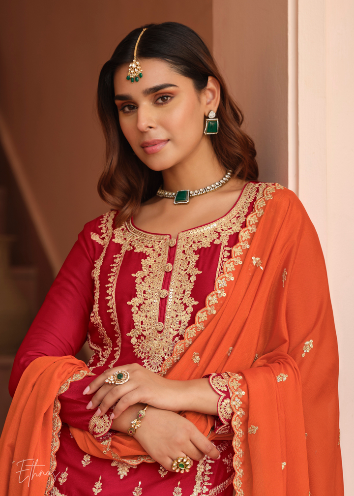 Rust Red And Burnt Orange Silk Salwar Suit