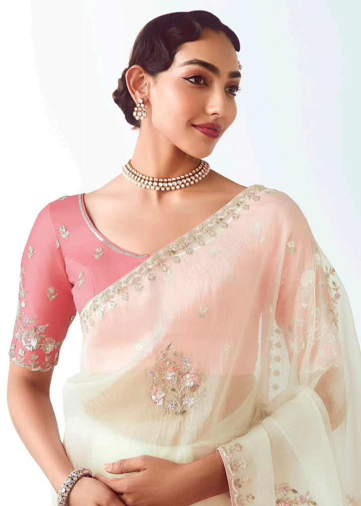 Pearl White Fancy Fabric Silk Saree With Hand Embroidered Work And Cut Work Border