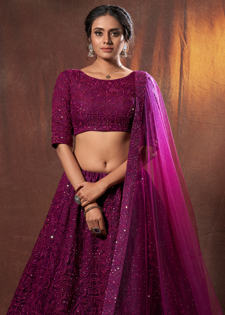 Wine Purple Designer Soft Net Lehenga Choli with Thread & Sequins work