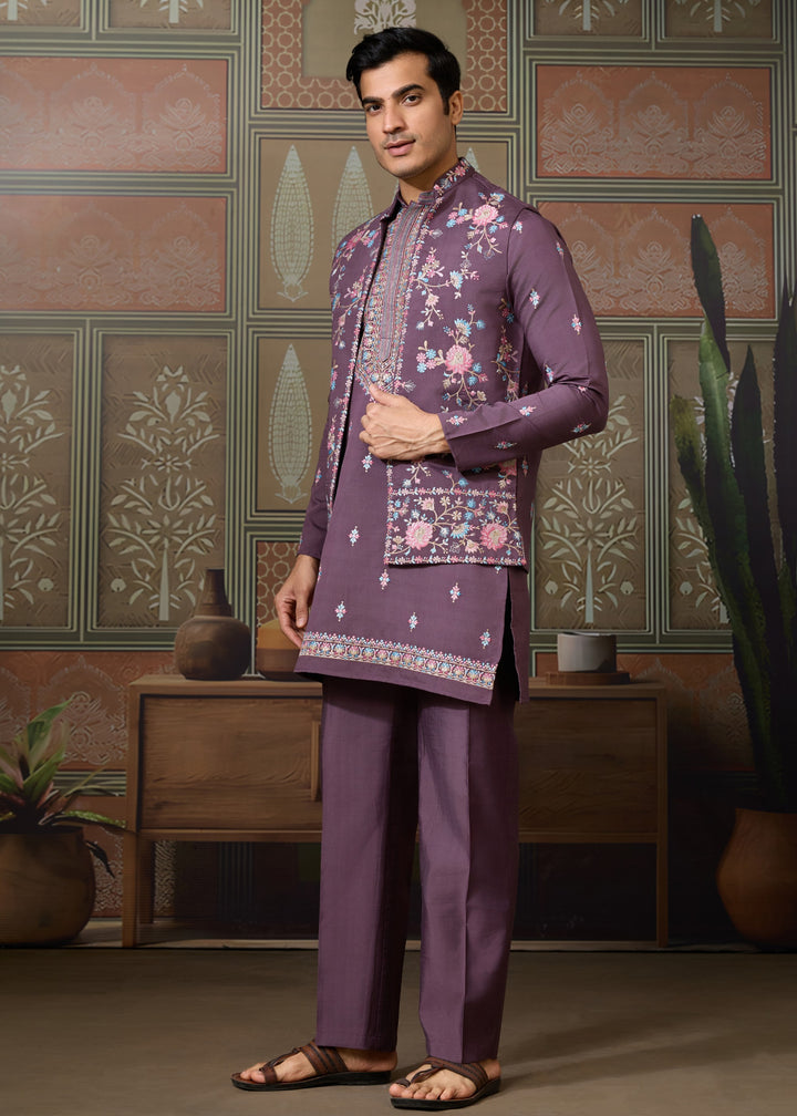 Purple Mens Wear Koti Style with Silk Kurta and Pajama