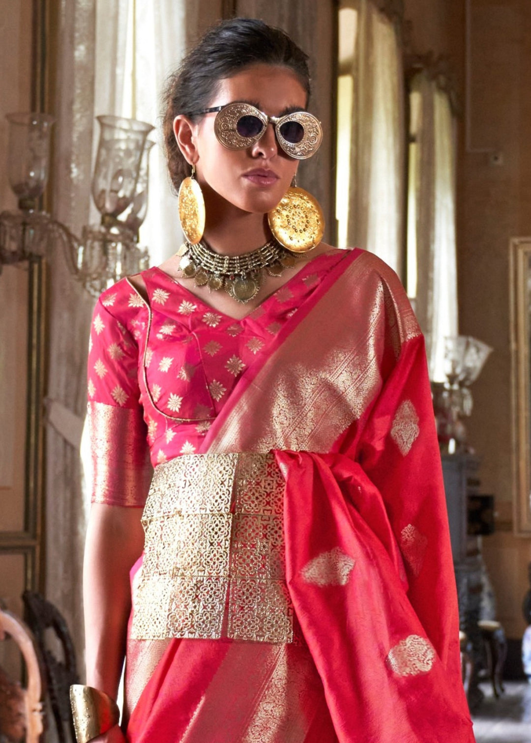 Bright Pink Two Tone Handloom Weaving Silk Saree