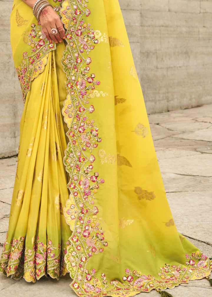 Bright Yellow Viscose Tissue Silk Saree