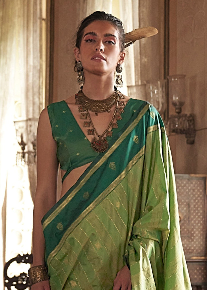Light Green Tussar Silk Handloom Weaving Saree
