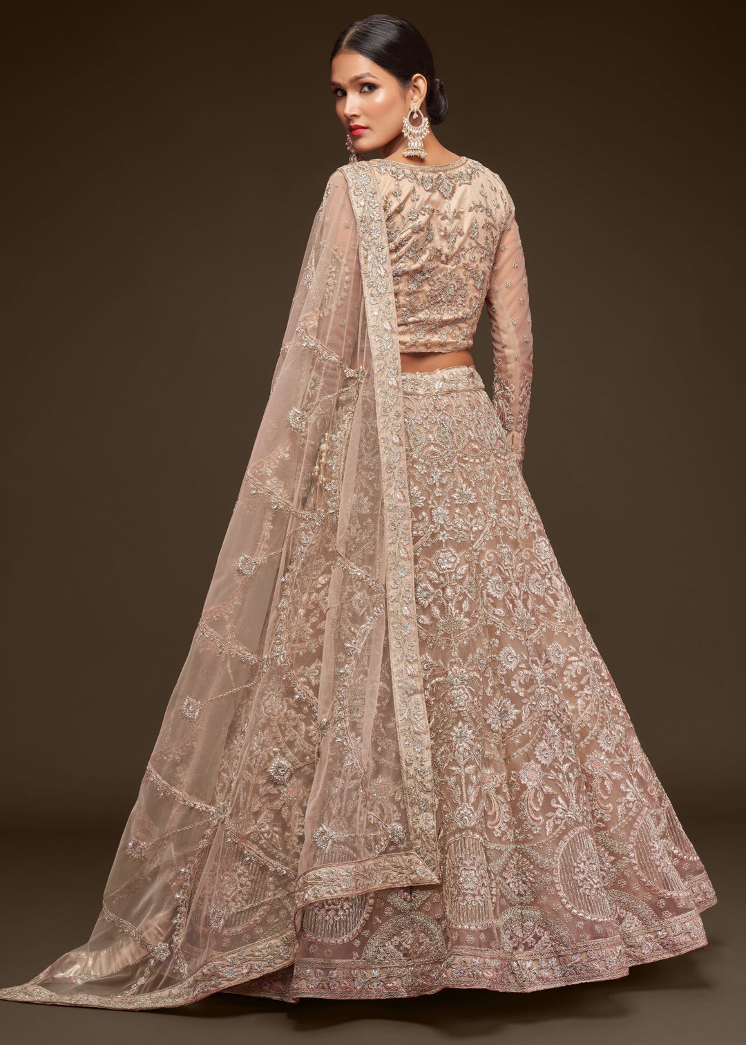 Royal Beige Soft Net Lehenga with Thread, Zari, Badla and Glitter Dori Embroidery Work
