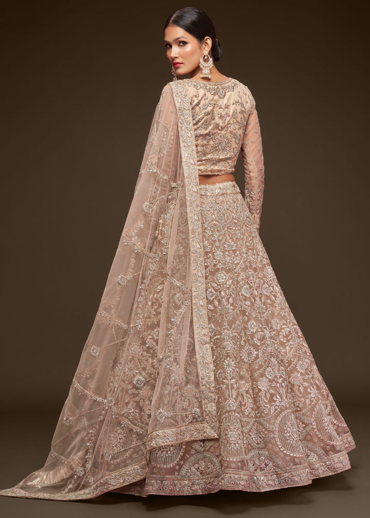 Royal Beige Soft Net Lehenga with Thread, Zari, Badla and Glitter Dori Embroidery Work