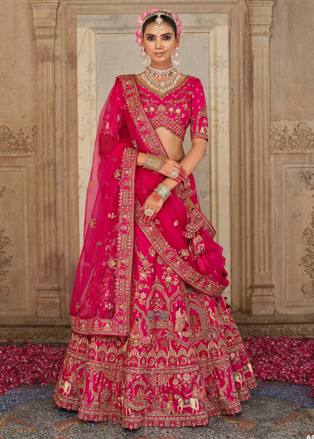 Raspberry Pink Heavy Bridal Silk Lehenga With Khatli And Embroidery Work