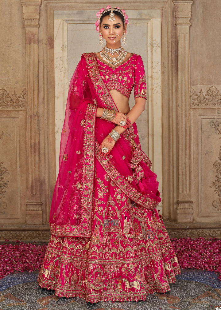 Raspberry Pink Heavy Bridal Silk Lehenga With Khatli And Embroidery Work