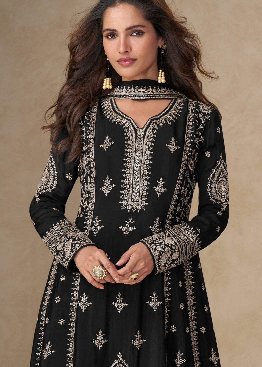 Raven Black Chinon Silk Suit With Embroidery Work