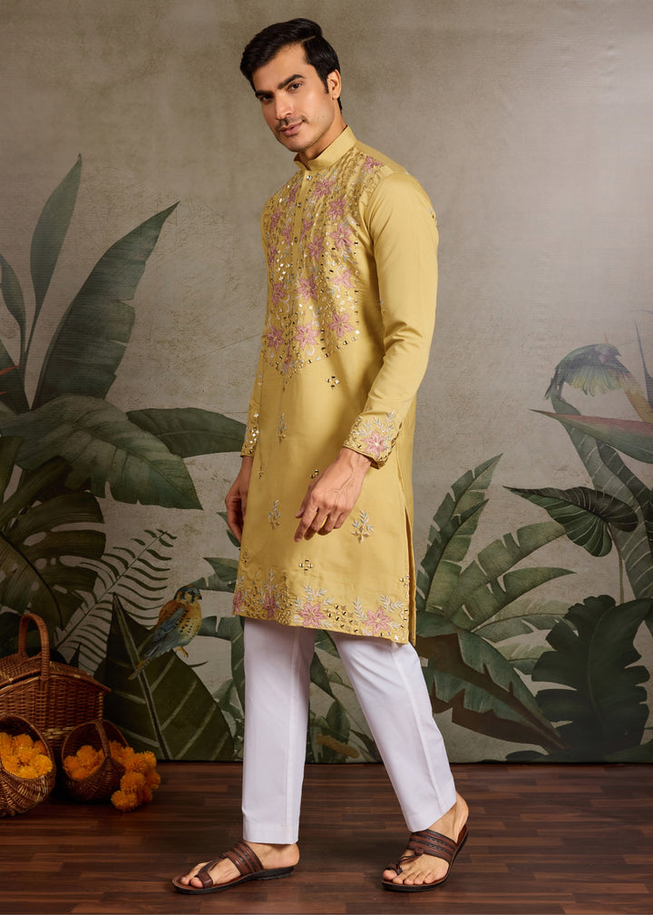 Canary Yellow Mens Wear Silk Kurta with Pant