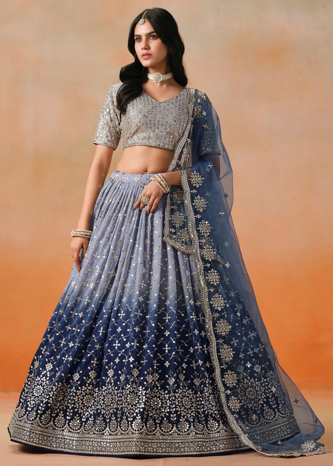 Navy Blue Sequins Zari Embroidered Work Georgette Lehenga