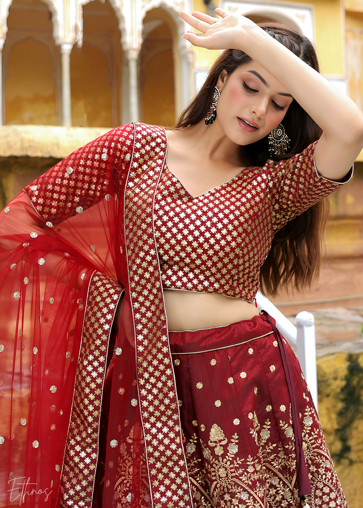 Maroon Red Silk Lehenga With Dupatta