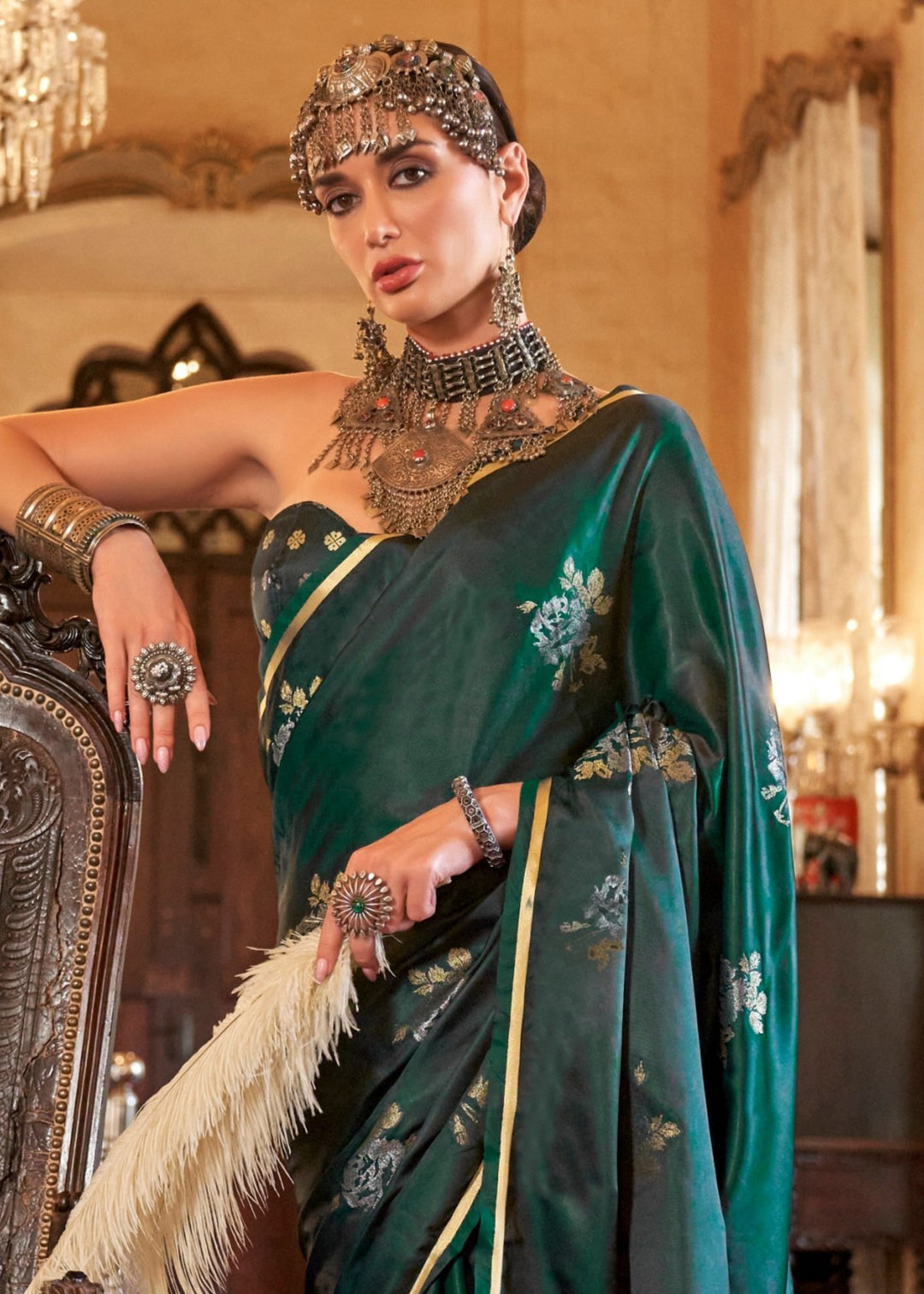 Dark Green Pure Satin Handloom Weaving Silk Saree