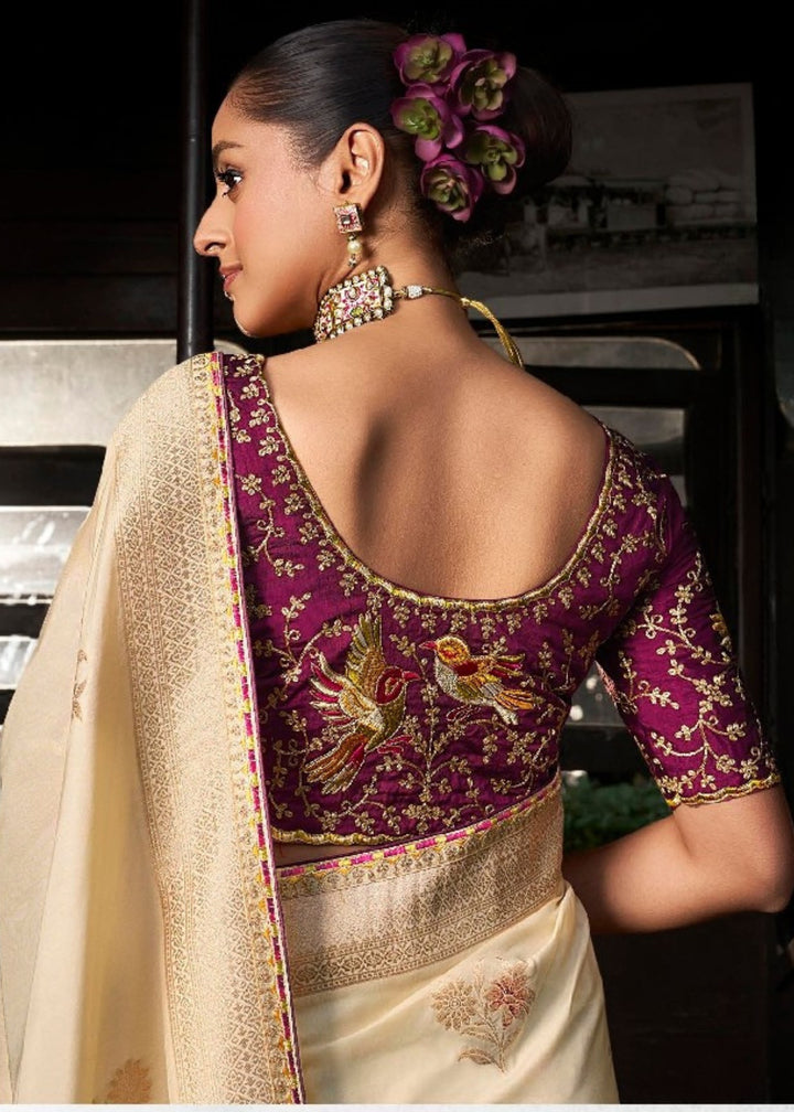 Cream Soft Dola Viscous Silk with 3d Weaved Pallu and contrast blouse Saree