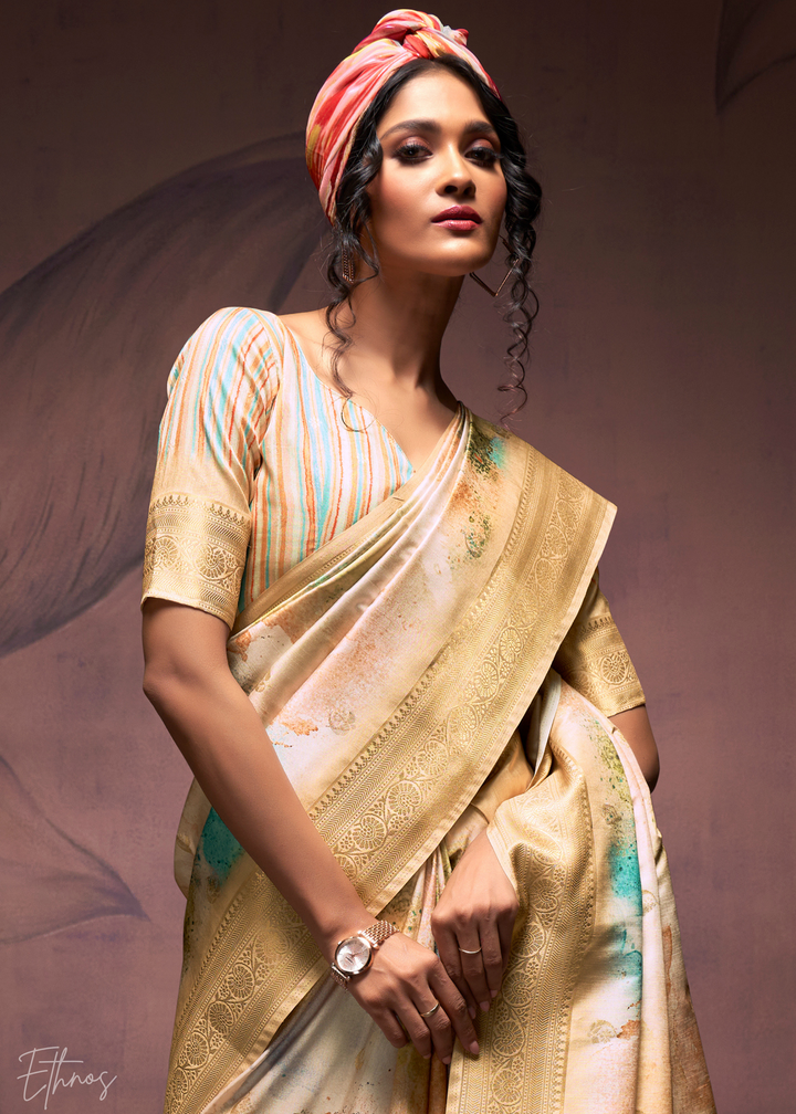 Beige Golden Handloom Weaving Silk Saree