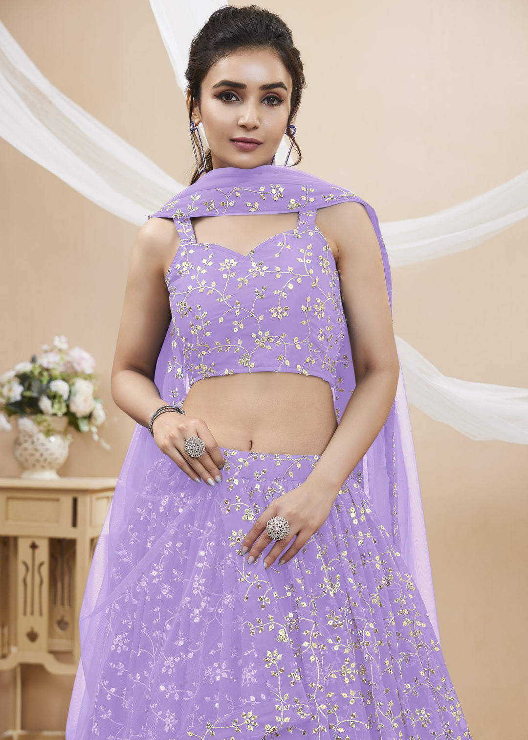 Lavender Purple Georgette Lehenga Choli With Sequins Zari Embroidered Work