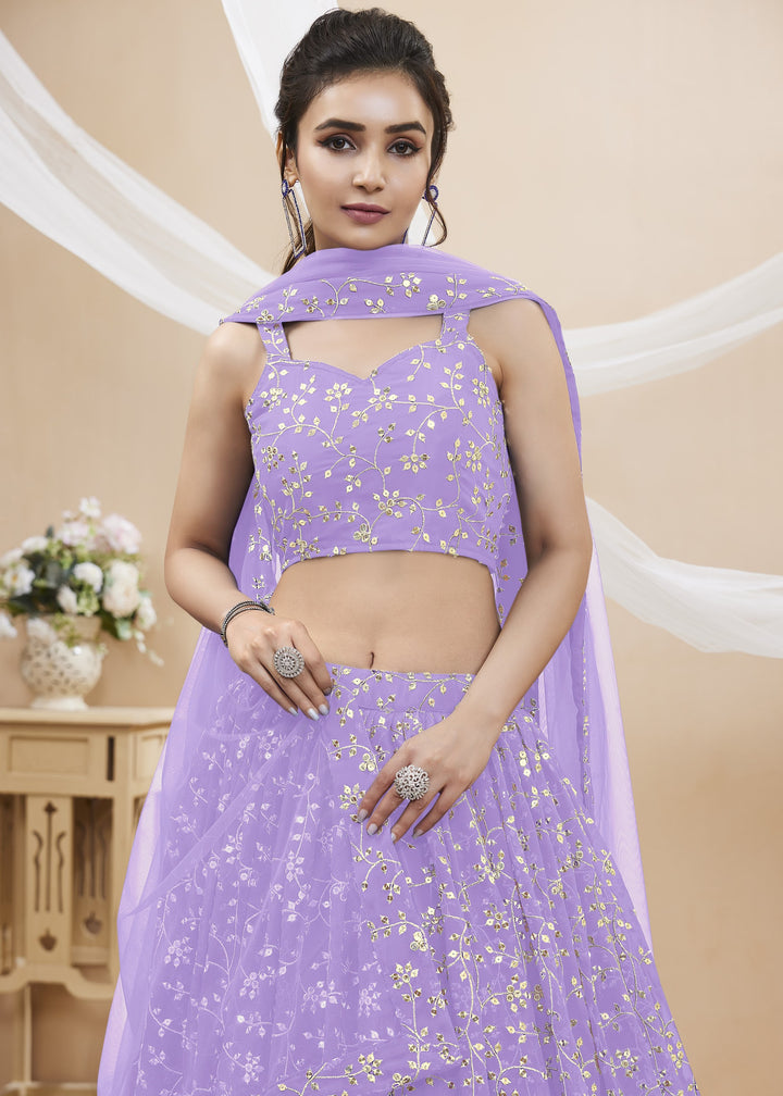 Lavender Purple Georgette Lehenga Choli With Sequins Zari Embroidered Work