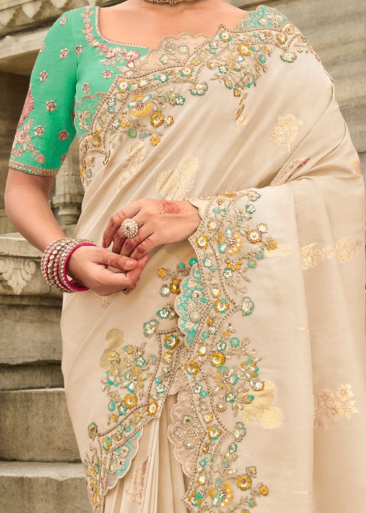 Cream Silk Saree With Embroidery