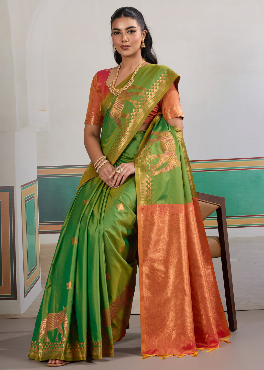 Bright leaf green Pure Silk Saree