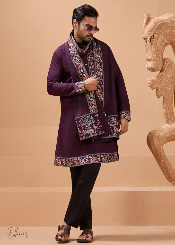 Purple Mens Wear Silk Kurta With Pant And Dupatta