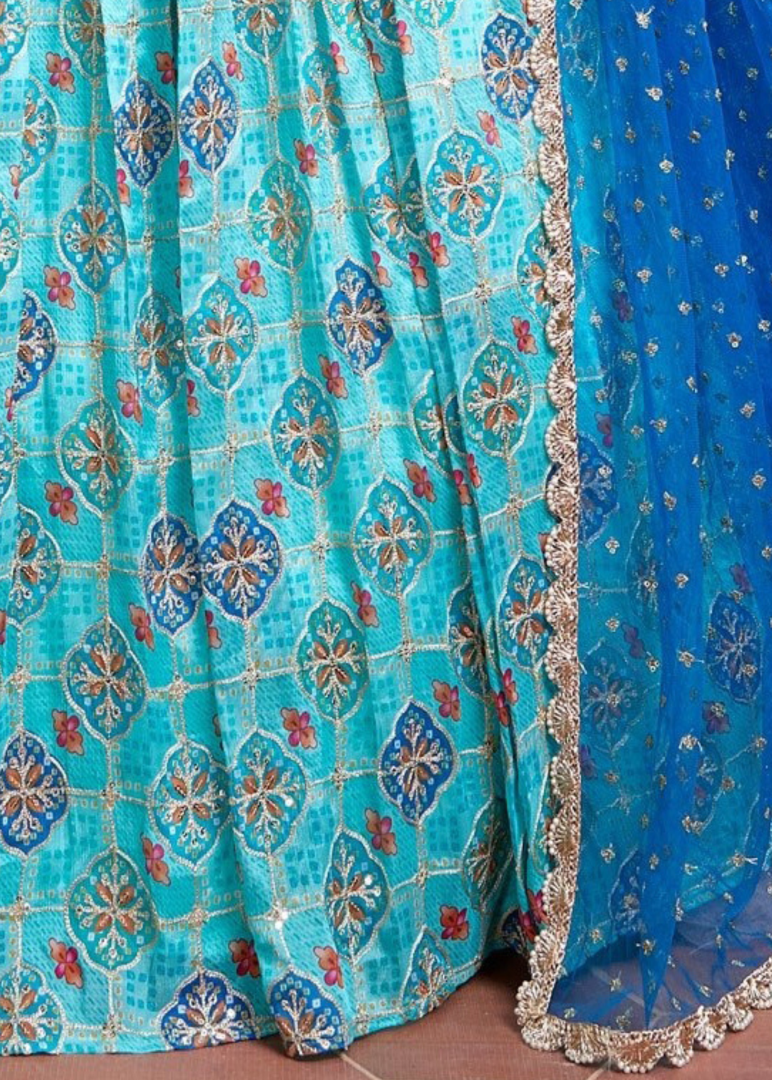 Shades Of Blue Floral Printed Chinon Silk Lehenga Choli with Embroidery & Mirror work