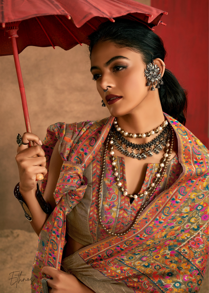 Olive-Taupe with Multicolour Kashmiri Floral Weaving Saree