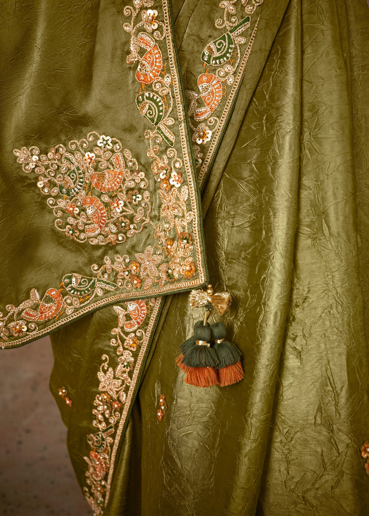 Olive Green Glass Tissue Silk Saree With Sequins And Thread Embroidered Work : Top Pick