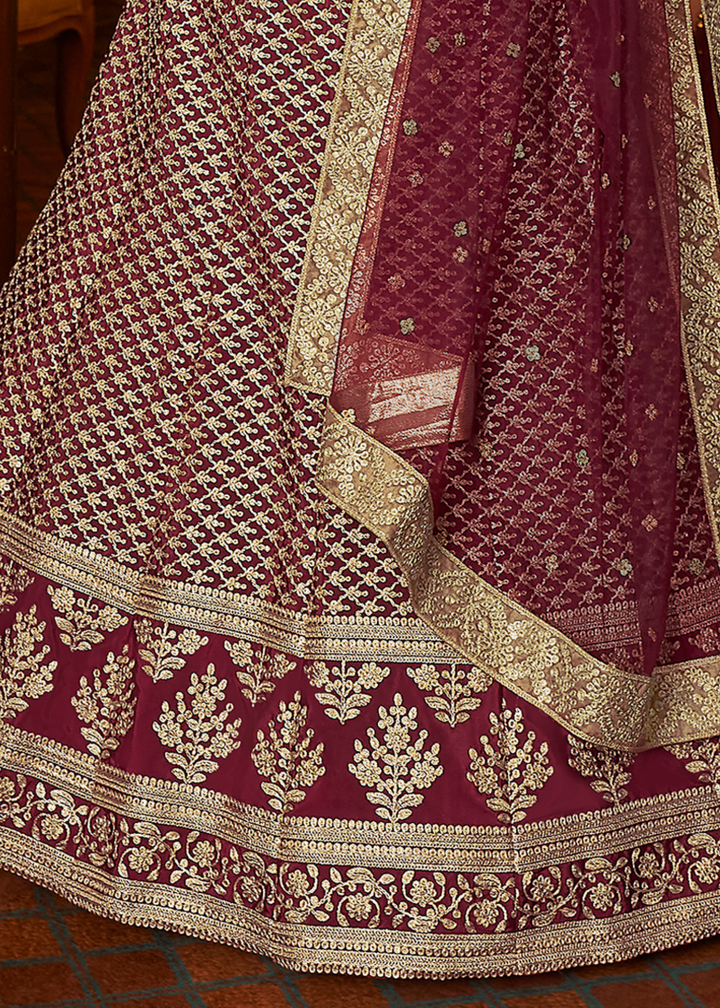 Maroon Red Crepe Lehenga Choli with Dori & Sequins work