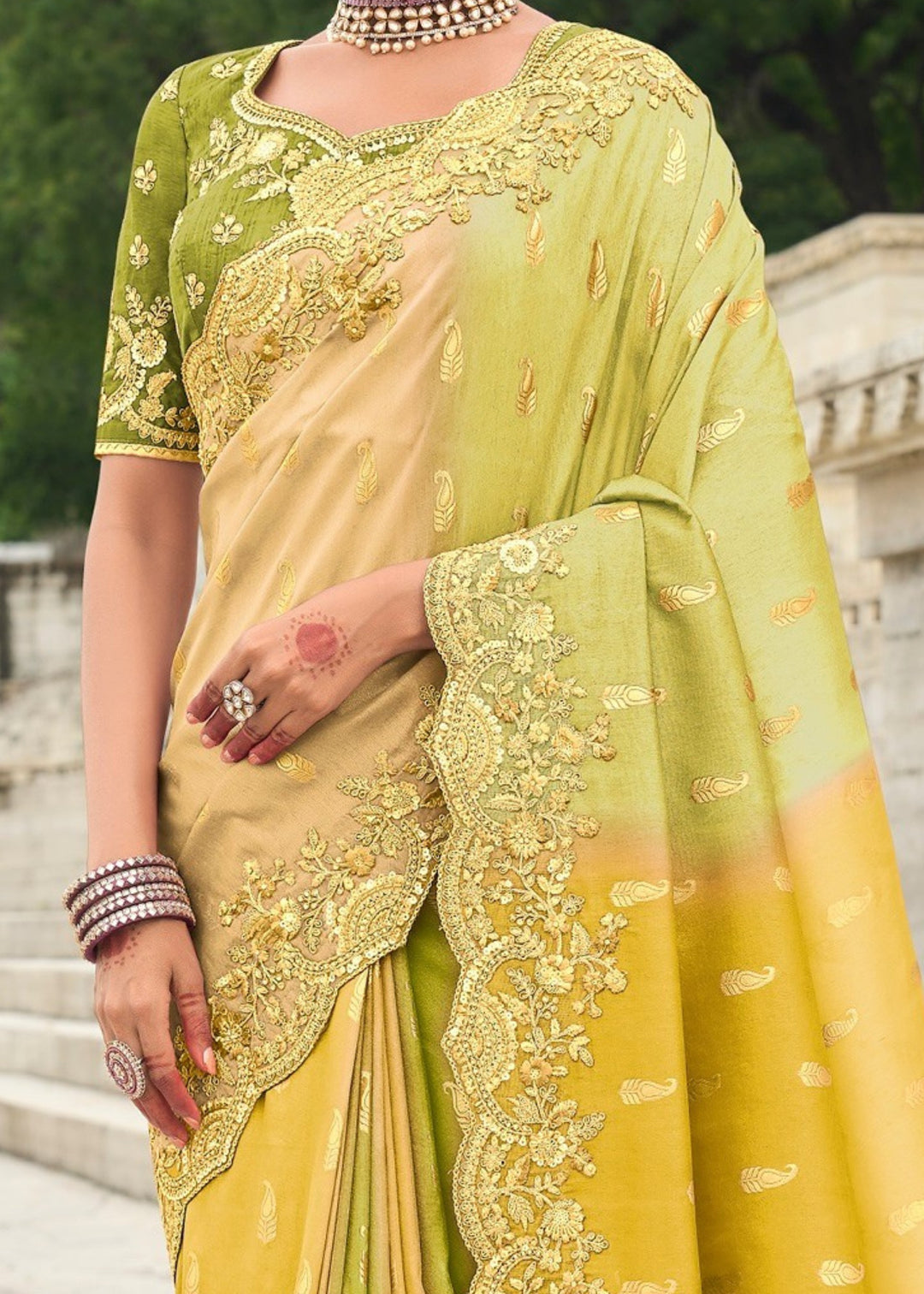 Yellow and Lime Silk Saree With Embroidery Cut and Butti Work