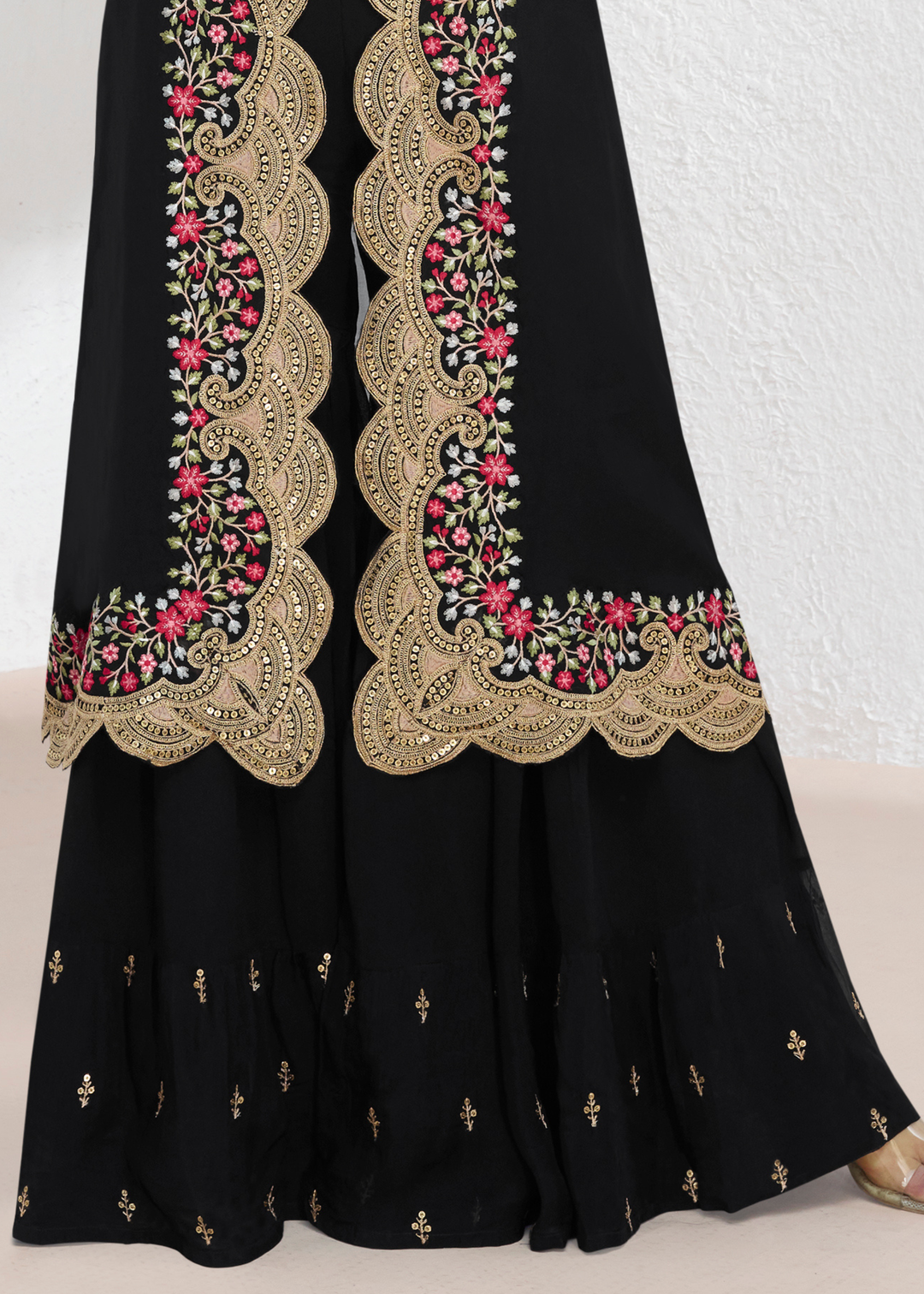 Onyx Black Embroidered Georgette Top & Skirt Set with Jacket