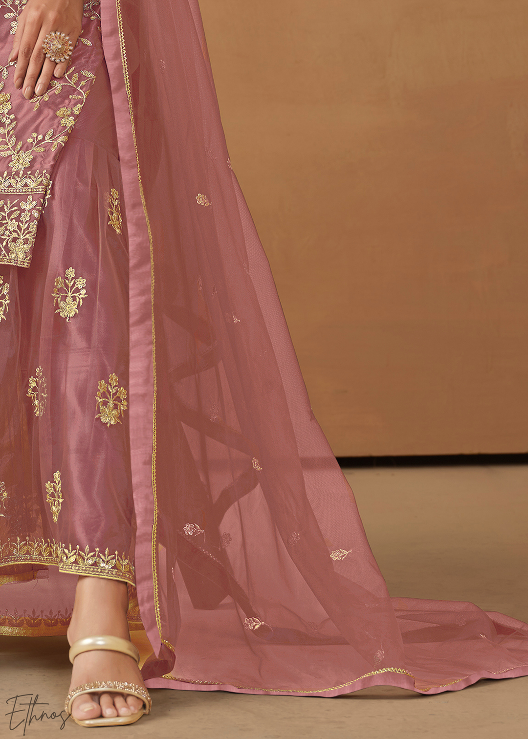 Dusty Pink Dori Embroidered Net Sharara Suit
