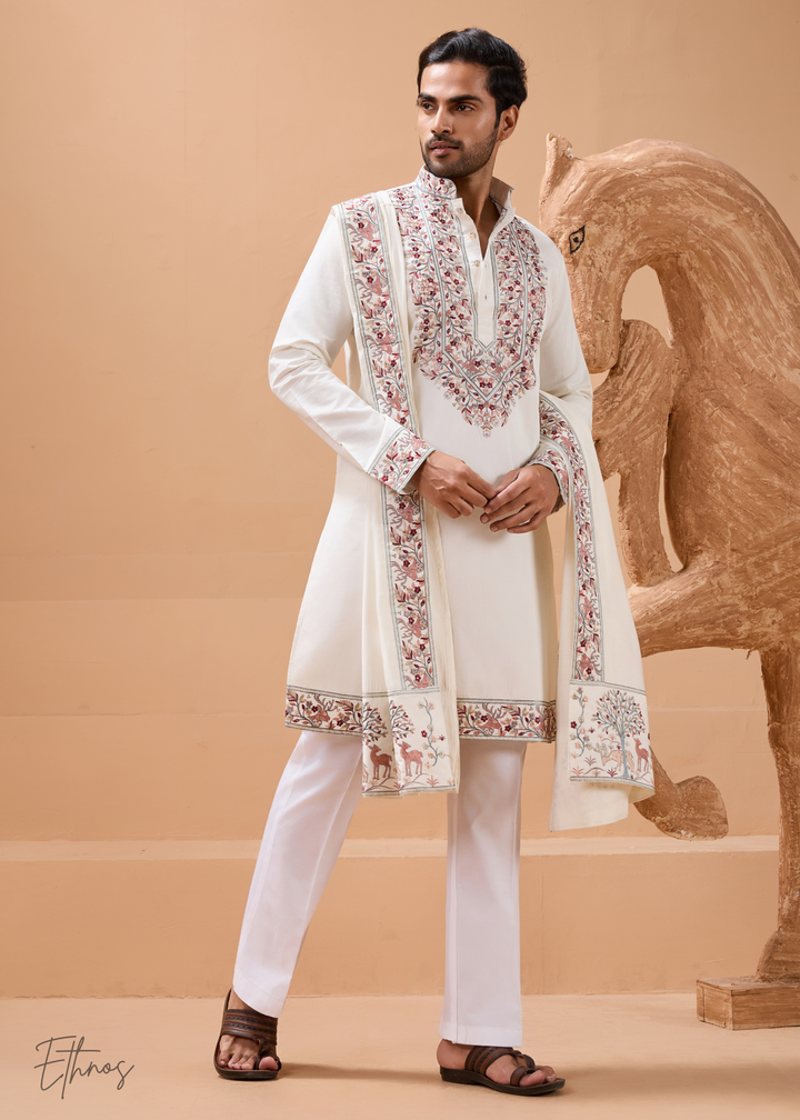 White Mens Wear Silk Kurta With Pant And Dupatta