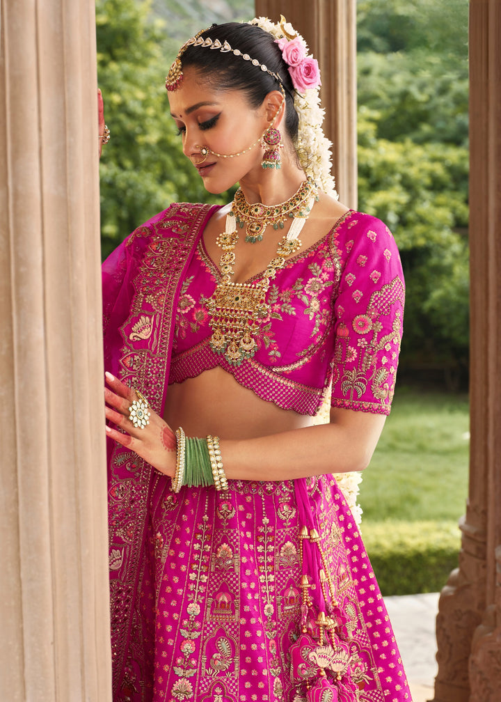 Persian Rose Pink Heavy Bridal Silk Lehenga With Khatli And Embroidery Work
