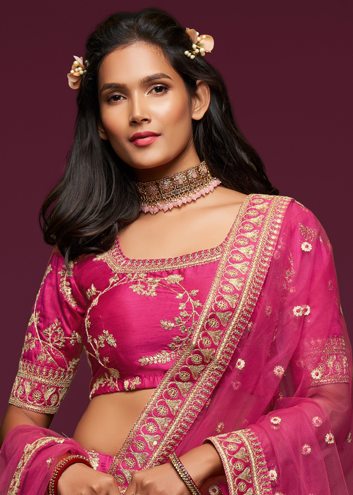 Cerise Pink Silk Lehenga Choli with Thread,Zari,Dori & Sequins work