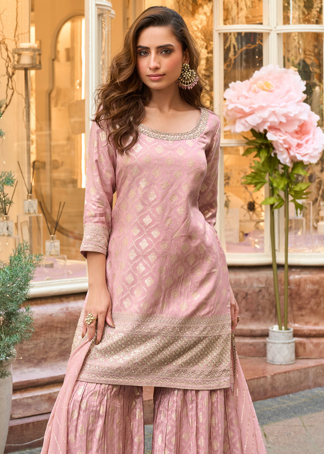 Pastel Pink Viscose Simar Jacquard Silk Palazzo Suit