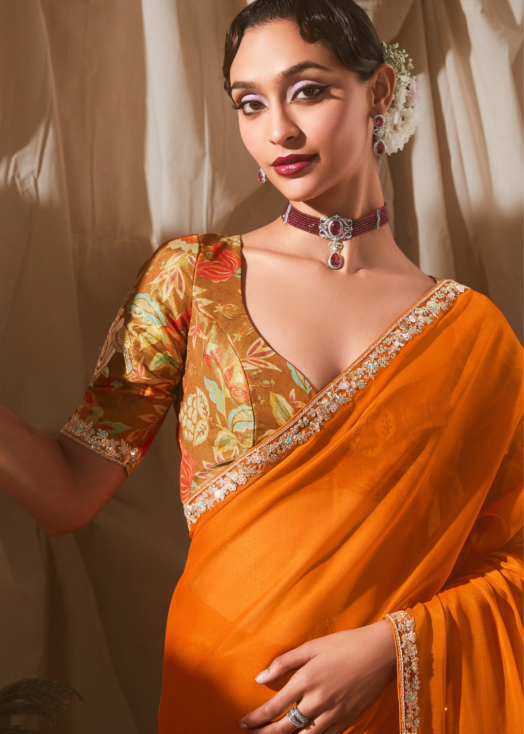 Bright Orange Fancy Silk Saree With Printed Blouse