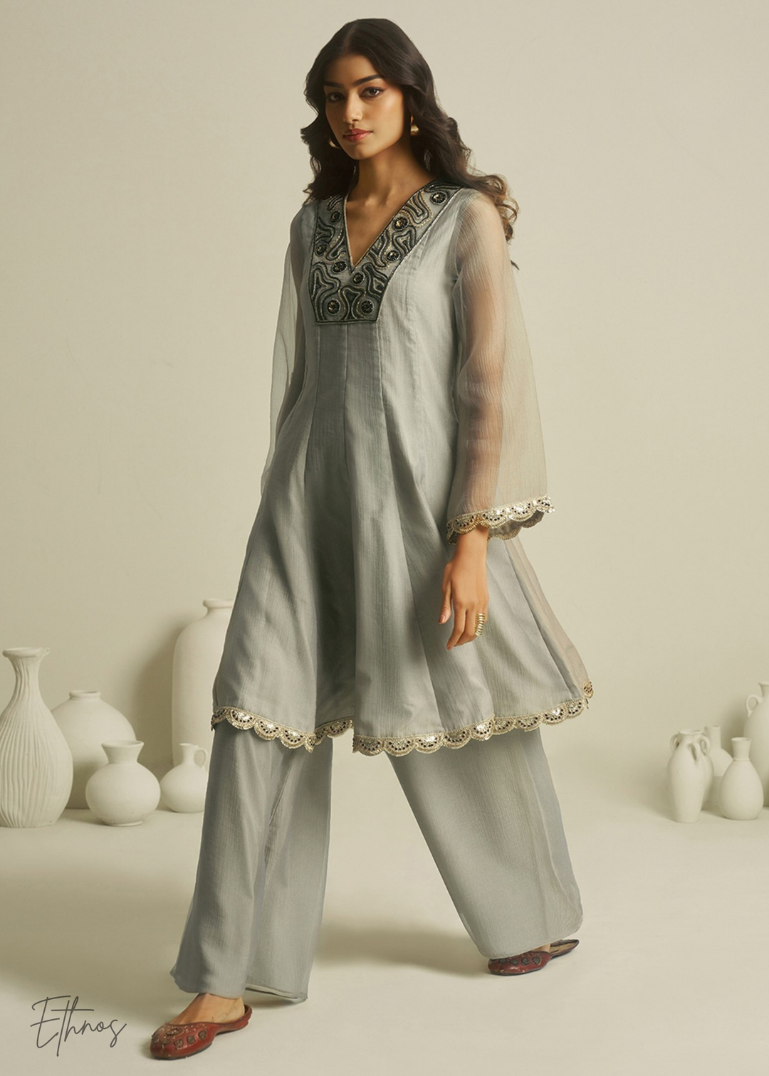 Grey Tissue Handwork Kurta With Pant