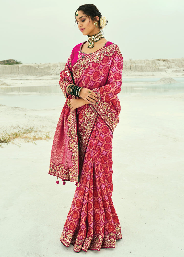 Rani Pink Georgette Bandhej Saree With Moti & Cut-Dana Handwork Border