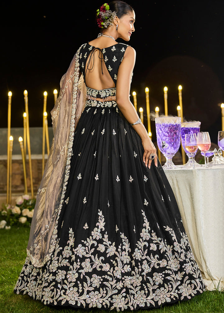 Black Satin Silk Lehenga Choli with Beads & Sequince Embroidered