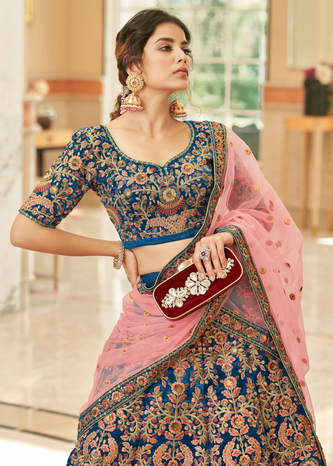 Dark Blue Velvet Lehenga Choli With Thread & Zari Embroidery Work