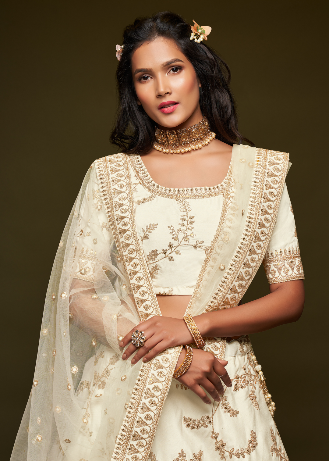 Pearl White Silk Lehenga Choli with Thread,Zari,Dori & Sequins work