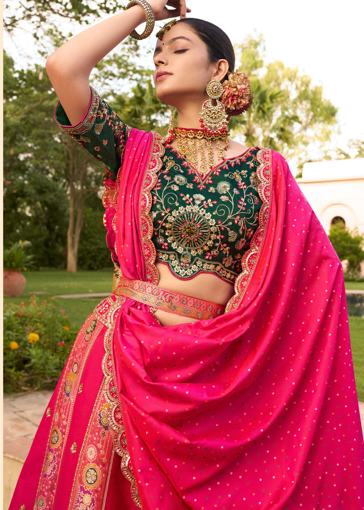 Hunter Green & Pink Banarasi Silk Lehenga Choli With Zarkan And Cut Work