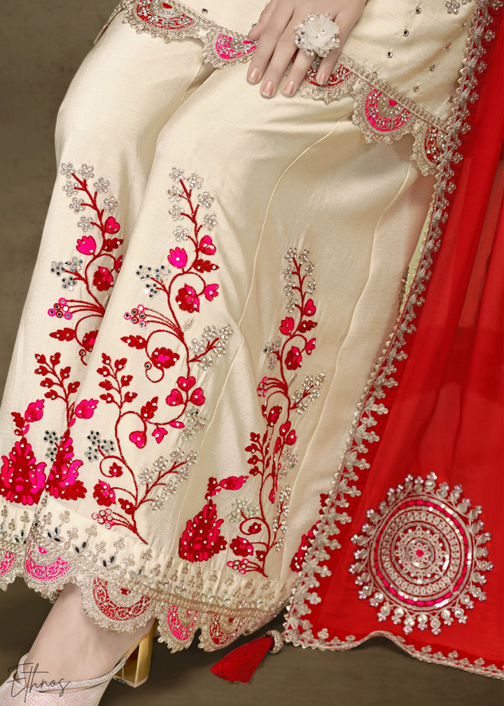 Ivory White Chinnon Silk Palazzo Suit