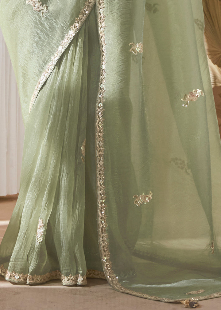 Mint Green Fancy Silk Saree With Printed Blouse