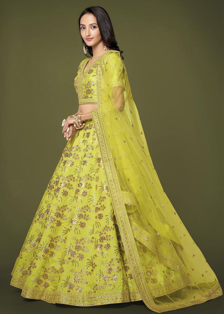 Neon Slub Silk Lehenga with Zari Sequins and Dori Embroidery Work
